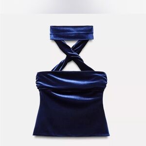 Zara Navy Blue Velvet Halter Top